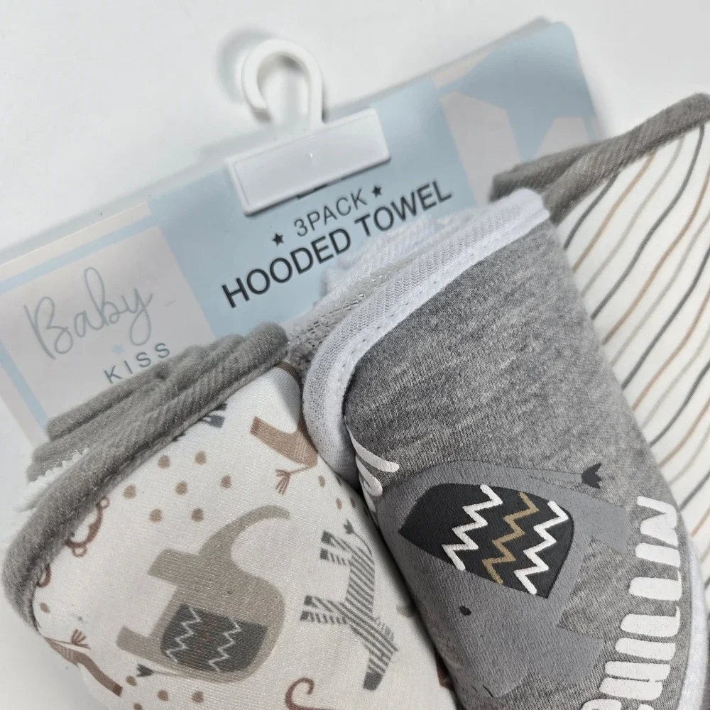 Baby Kiss Hooded Towel Unisex Gray 3 Pack Safari Elephant Chillin Bath‎ Set Gift